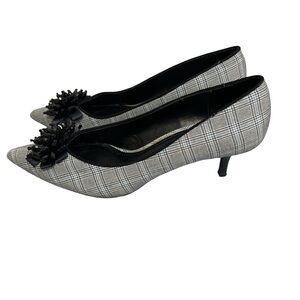 Zara Black and White Plaid Heels with Floral Accent